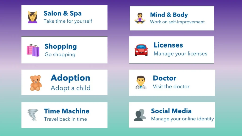 Mind and Body, Salon and Spa, Adoption, Doctor, Licenses, Shopping, Time Machine and Social Media in BitLife MOD APK